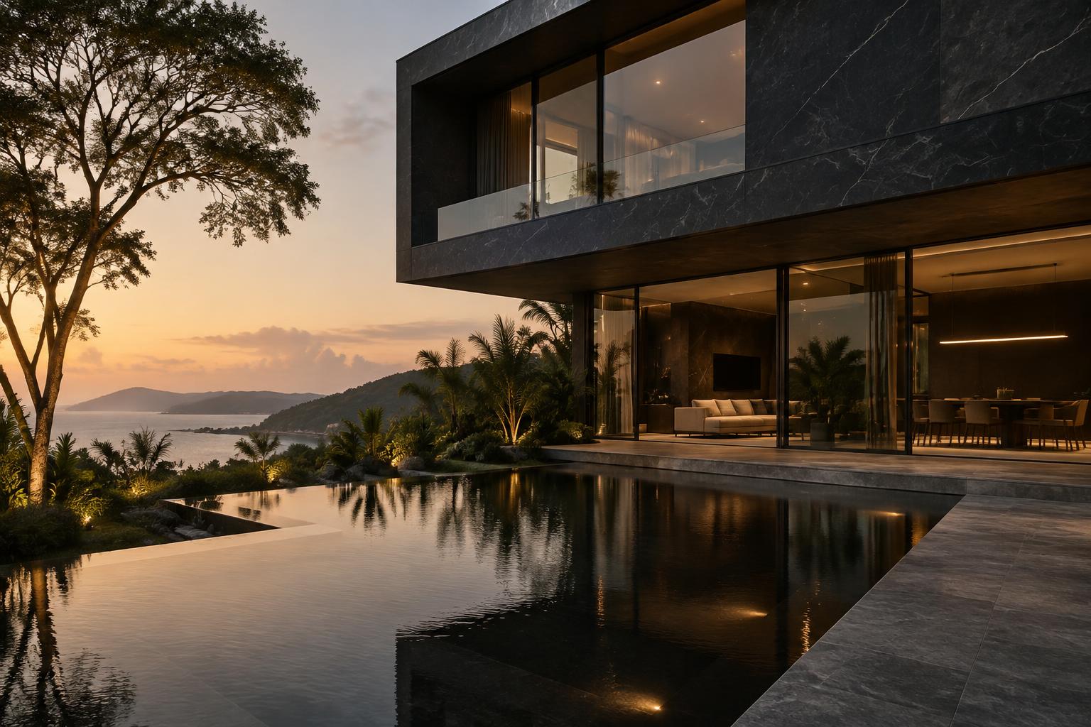 Stone residence overlooking a reflecting pool at dusk