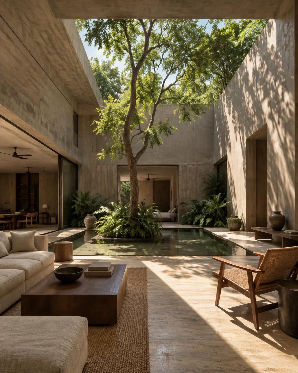 Sunlit courtyard with a sculptural tree and tactile natural materials