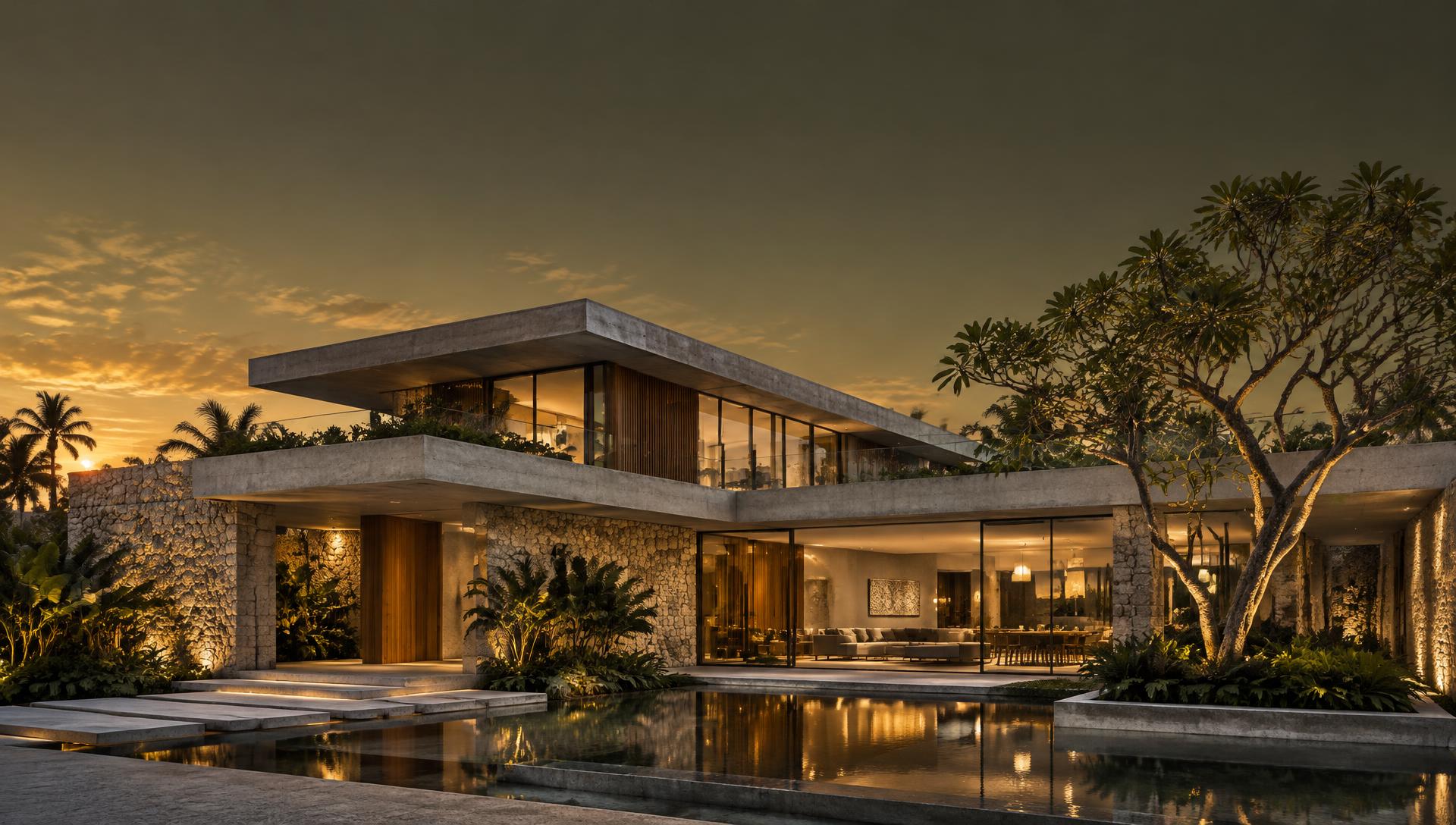 Contemporary concrete and stone residence with a reflecting pool at golden hour